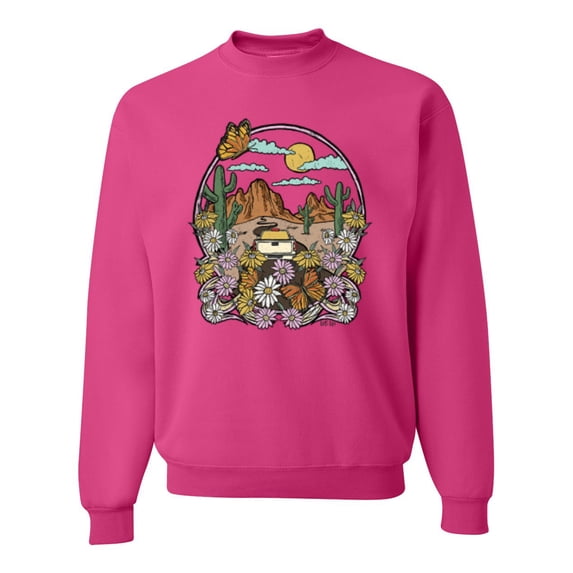 Wild Bobby Trendy Landscape With Daisies Cactus Monarch Butterfly Nature Lover Unisex Crewneck Sweatshirt, Fuschia, Large