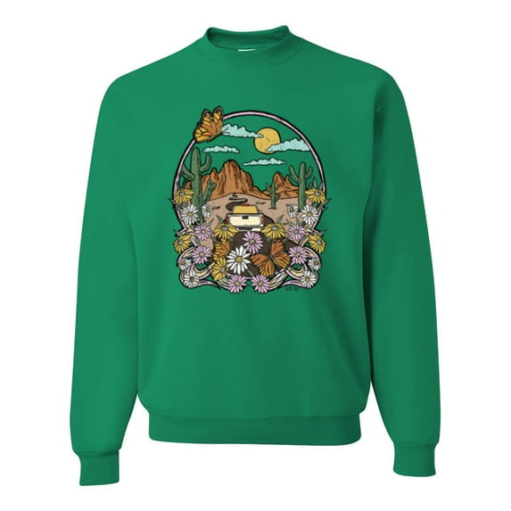 Wild Bobby Trendy Landscape With Daisies Cactus Monarch Butterfly Nature Lover Unisex Crewneck Sweatshirt, Kelly, Medium