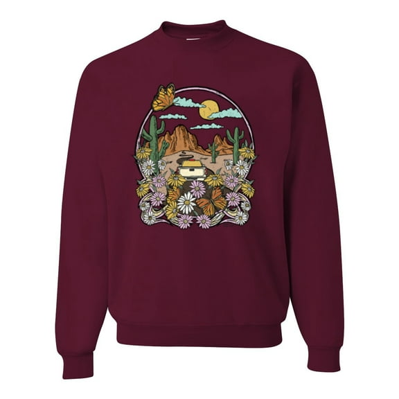 Wild Bobby Trendy Landscape With Daisies Cactus Monarch Butterfly Nature Lover Unisex Crewneck Sweatshirt, Maroon, X-Large
