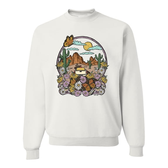 Wild Bobby Trendy Landscape With Daisies Cactus Monarch Butterfly Nature Lover Unisex Crewneck Sweatshirt, White, Medium