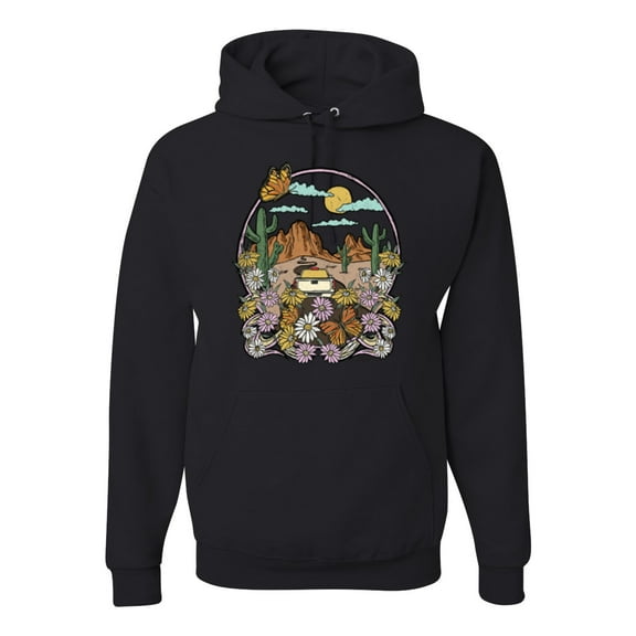 Wild Bobby Trendy Landscape With Daisies Cactus Monarch Butterfly Nature Lover Unisex Hoodie Sweatshirt, Black, Small