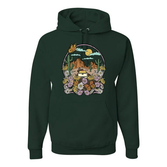Wild Bobby Trendy Landscape With Daisies Cactus Monarch Butterfly Nature Lover Unisex Hoodie Sweatshirt, Forest Green, Medium