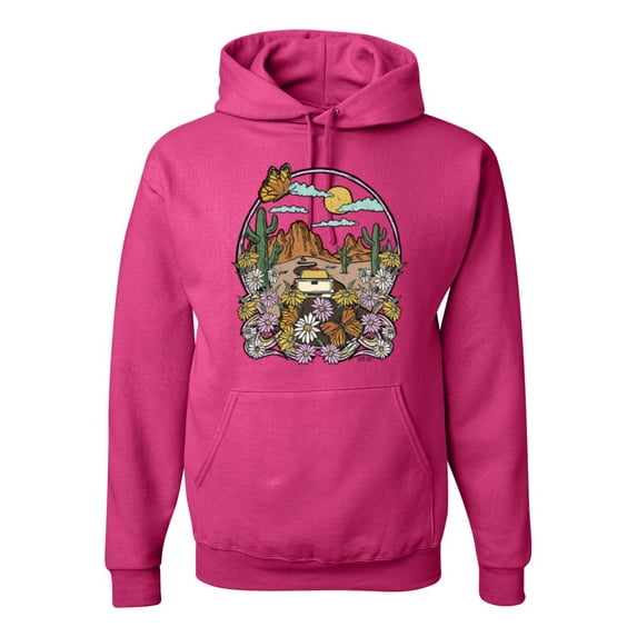 Wild Bobby Trendy Landscape With Daisies Cactus Monarch Butterfly Nature Lover Unisex Hoodie Sweatshirt, Fuschia, X-Large