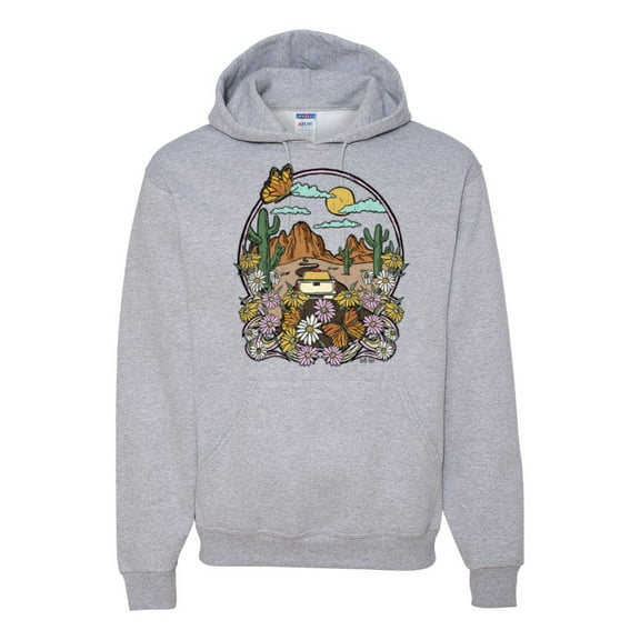 Wild Bobby Trendy Landscape With Daisies Cactus Monarch Butterfly Nature Lover Unisex Hoodie Sweatshirt, Heather Grey, X-Large