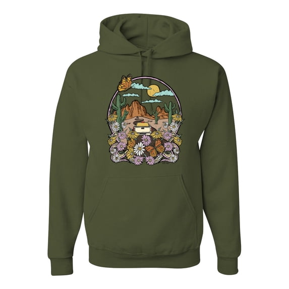 Wild Bobby Trendy Landscape With Daisies Cactus Monarch Butterfly Nature Lover Unisex Hoodie Sweatshirt, Military Green, Medium