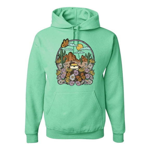 Wild Bobby Trendy Landscape With Daisies Cactus Monarch Butterfly Nature Lover Unisex Hoodie Sweatshirt, Mint, XX-Large