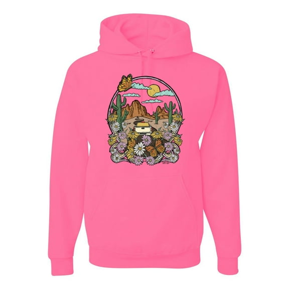Wild Bobby Trendy Landscape With Daisies Cactus Monarch Butterfly Nature Lover Unisex Hoodie Sweatshirt, Neon Pink, 3X-Large
