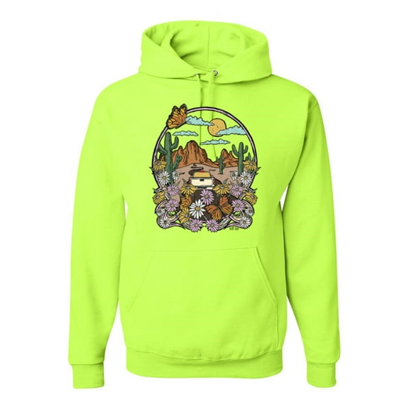 Wild Bobby Trendy Landscape With Daisies Cactus Monarch Butterfly Nature Lover Unisex Hoodie Sweatshirt, Safety Green, 3X-Large