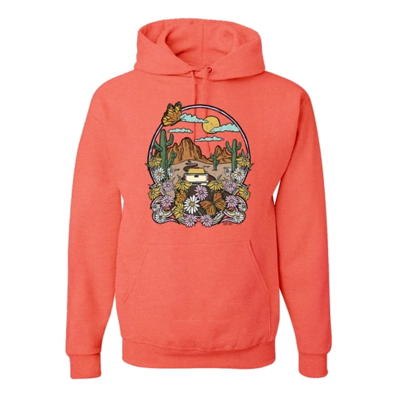 Wild Bobby Trendy Landscape With Daisies Cactus Monarch Butterfly Nature Lover Unisex Hoodie Sweatshirt, Sunset Coral, Large