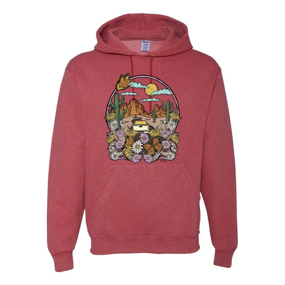 Wild Bobby Trendy Landscape With Daisies Cactus Monarch Butterfly Nature Lover Unisex Hoodie Sweatshirt, Vintage Heather Red, X-Large