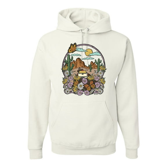 Wild Bobby Trendy Landscape With Daisies Cactus Monarch Butterfly Nature Lover Unisex Hoodie Sweatshirt, White, Medium