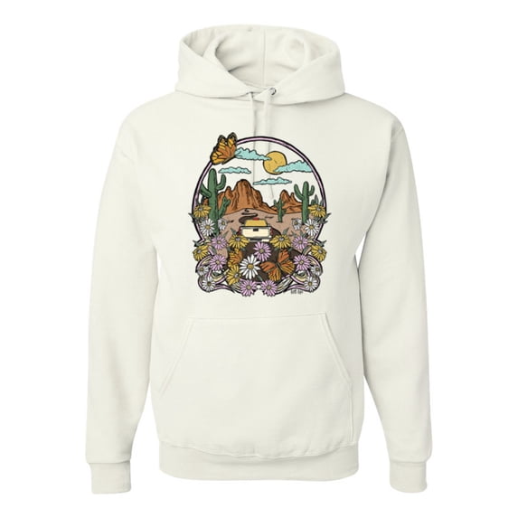 Wild Bobby Trendy Landscape With Daisies Cactus Monarch Butterfly Nature Lover Unisex Hoodie Sweatshirt, White, X-Large