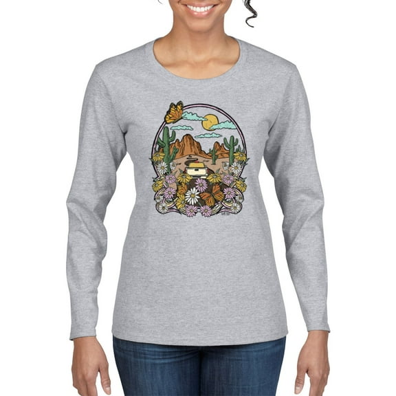 Wild Bobby Trendy Landscape With Daisies Cactus Monarch Butterfly Nature Lover Women Graphic Long Sleeve Tee, Heather Grey, Small