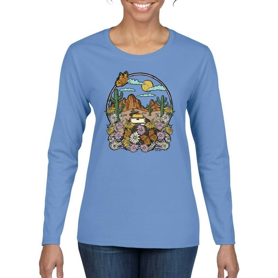 Wild Bobby Trendy Landscape With Daisies Cactus Monarch Butterfly Nature Lover Women Graphic Long Sleeve Tee, Light Blue, X-Large