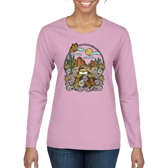 Wild Bobby Trendy Landscape With Daisies Cactus Monarch Butterfly Nature Lover Women Graphic Long Sleeve Tee, Light Pink, Small