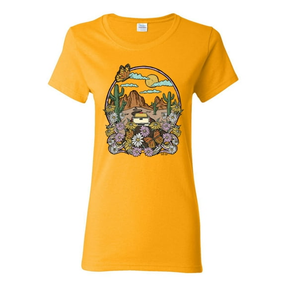 Wild Bobby Trendy Landscape With Daisies Cactus Monarch Butterfly Nature Lover Women Graphic Tee, Gold, X-Large