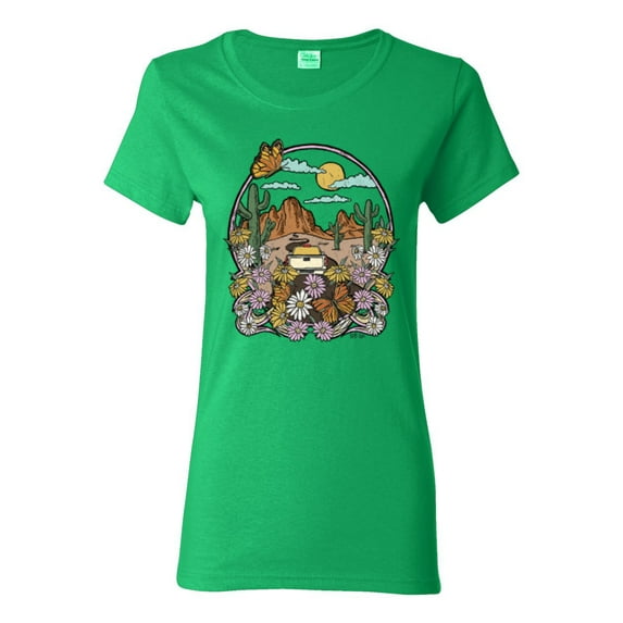 Wild Bobby Trendy Landscape With Daisies Cactus Monarch Butterfly Nature Lover Women Graphic Tee, Kelly, X-Large