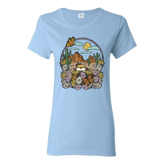 Wild Bobby Trendy Landscape With Daisies Cactus Monarch Butterfly Nature Lover Women Graphic Tee, Light Blue, Small