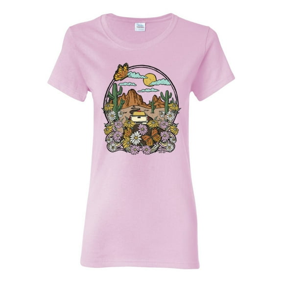 Wild Bobby Trendy Landscape With Daisies Cactus Monarch Butterfly Nature Lover Women Graphic Tee, Light Pink, X-Large