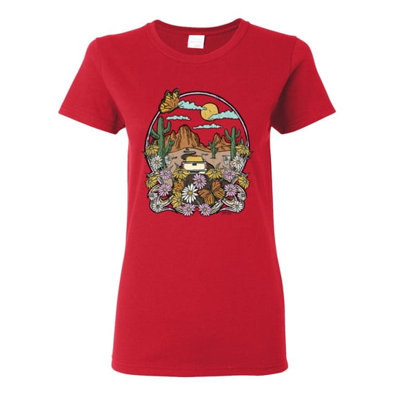 Wild Bobby Trendy Landscape With Daisies Cactus Monarch Butterfly Nature Lover Women Graphic Tee, Red, 3X-Large