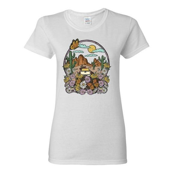 Wild Bobby Trendy Landscape With Daisies Cactus Monarch Butterfly Nature Lover Women Graphic Tee, White, Small