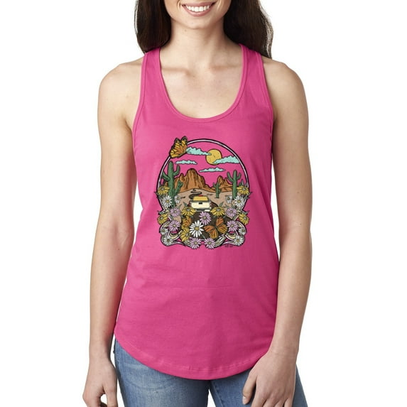 Wild Bobby Trendy Landscape With Daisies Cactus Monarch Butterfly Nature Lover Women Racerback Tank Top, Raspberry, X-Large