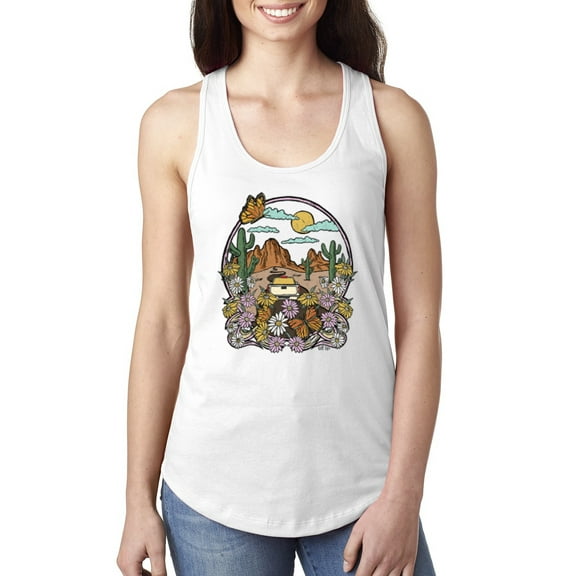 Wild Bobby Trendy Landscape With Daisies Cactus Monarch Butterfly Nature Lover Women Racerback Tank Top, White, X-Large
