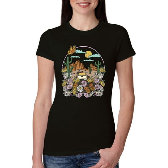 Wild Bobby Trendy Landscape With Daisies Cactus Monarch Butterfly Nature Lover Women Slim Fit Junior Tee, Black, Small