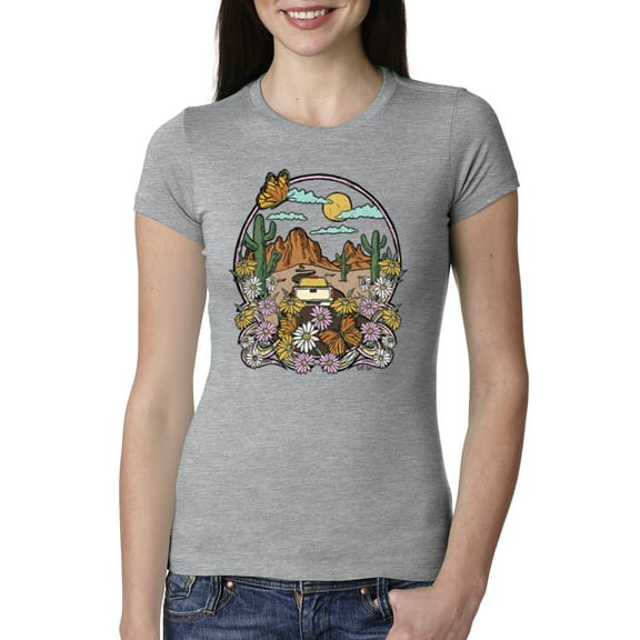 Wild Bobby Trendy Landscape With Daisies Cactus Monarch Butterfly Nature Lover Women Slim Fit Junior Tee, Heather Grey, Large