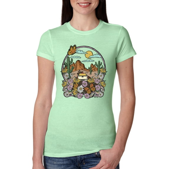 Wild Bobby Trendy Landscape With Daisies Cactus Monarch Butterfly Nature Lover Women Slim Fit Junior Tee, Mint, Large