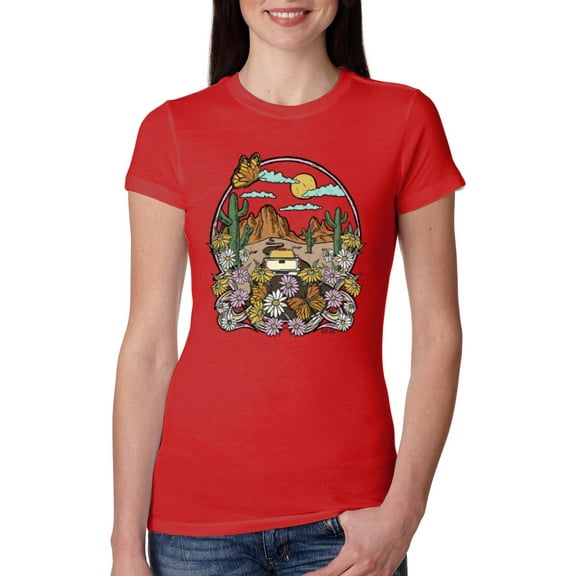 Wild Bobby Trendy Landscape With Daisies Cactus Monarch Butterfly Nature Lover Women Slim Fit Junior Tee, Red, Medium