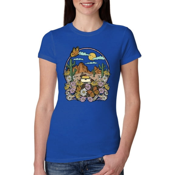 Wild Bobby Trendy Landscape With Daisies Cactus Monarch Butterfly Nature Lover Women Slim Fit Junior Tee, Royal, Medium