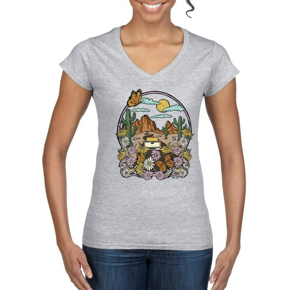 Wild Bobby Trendy Landscape With Daisies Cactus Monarch Butterfly Nature Lover Women Standard V-Neck Tee, Heather Grey, X-Large