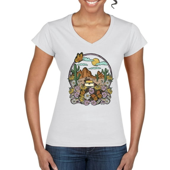 Wild Bobby Trendy Landscape With Daisies Cactus Monarch Butterfly Nature Lover Women Standard V-Neck Tee, White, X-Large