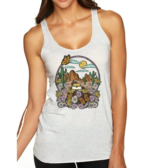 Wild Bobby Trendy Landscape With Daisies Cactus Monarch Butterfly Nature Lover Women Tri-Blend Racerback Tank Top, Heather White, X-Large