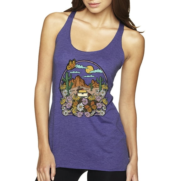 Wild Bobby Trendy Landscape With Daisies Cactus Monarch Butterfly Nature Lover Women Tri-Blend Racerback Tank Top, Purple Rush, X-Large