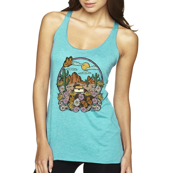 Wild Bobby Trendy Landscape With Daisies Cactus Monarch Butterfly Nature Lover Women Tri-Blend Racerback Tank Top, Tahiti Blue, X-Large