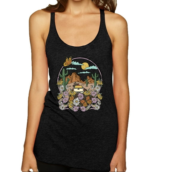 Wild Bobby Trendy Landscape With Daisies Cactus Monarch Butterfly Nature Lover Women Tri-Blend Racerback Tank Top, Vintage Black, Small