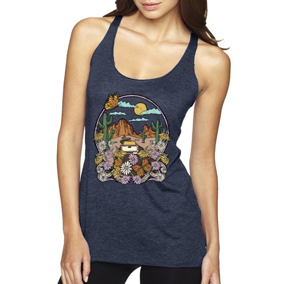 Wild Bobby Trendy Landscape With Daisies Cactus Monarch Butterfly Nature Lover Women Tri-Blend Racerback Tank Top, Vintage Navy, Medium