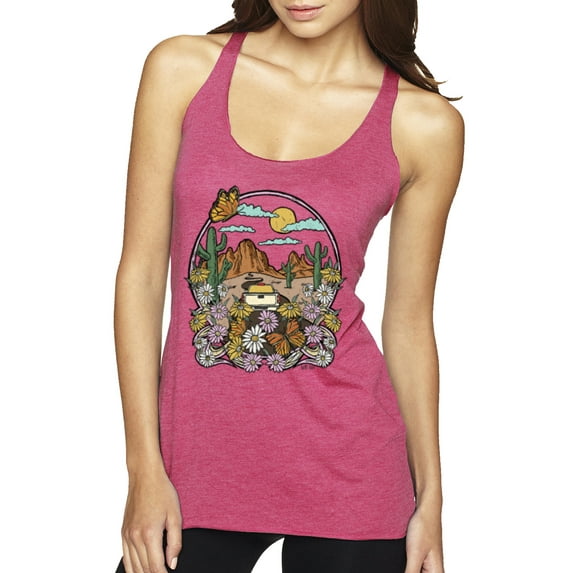 Wild Bobby Trendy Landscape With Daisies Cactus Monarch Butterfly Nature Lover Women Tri-Blend Racerback Tank Top, Vintage Pink, Small
