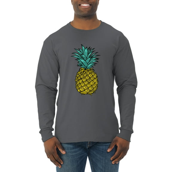 Wild Bobby, Trendy Tropical Pineapple, Fashion, Men Long Sleeve Shirt, Charcoal, Large