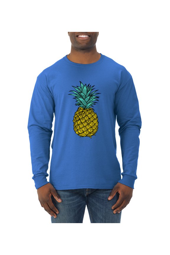 , Trendy Tropical Pineapple, Fashion, Men Long Sleeve Shirt, Royal, Small