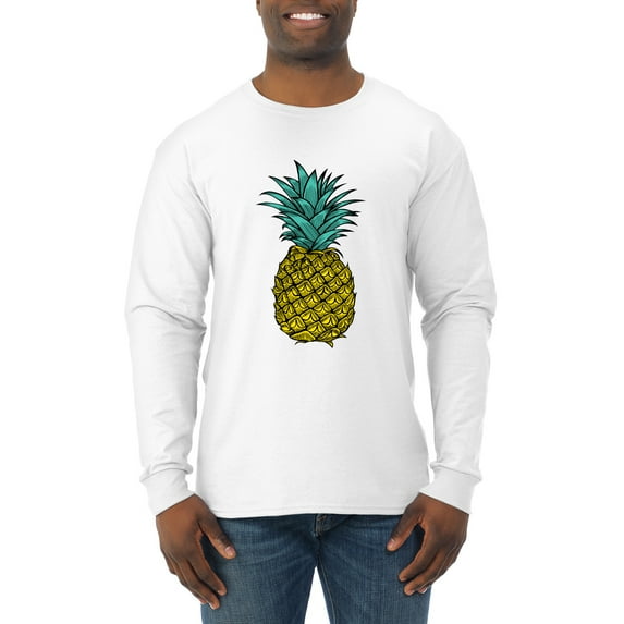 Wild Bobby, Trendy Tropical Pineapple, Fashion, Men Long Sleeve Shirt, White, Medium