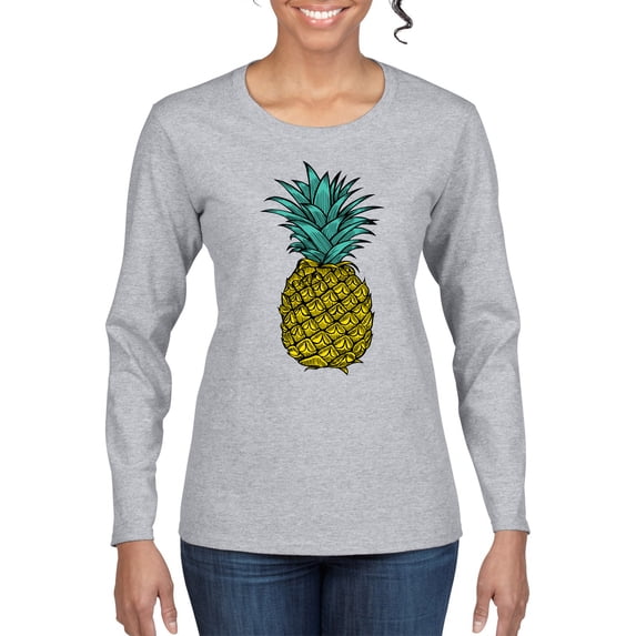 Wild Bobby, Trendy Tropical Pineapple, Fashion, Women Graphic Long Sleeve Tee, Heather Grey, X-Large