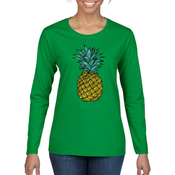 Wild Bobby, Trendy Tropical Pineapple, Fashion, Women Graphic Long Sleeve Tee, Kelly, Medium