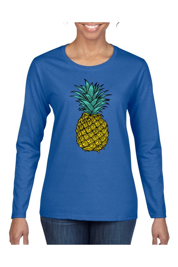 , Trendy Tropical Pineapple, Fashion, Women Graphic Long Sleeve Tee, Royal, Medium