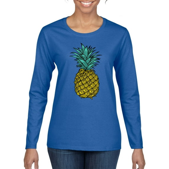 Wild Bobby, Trendy Tropical Pineapple, Fashion, Women Graphic Long Sleeve Tee, Royal, X-Large