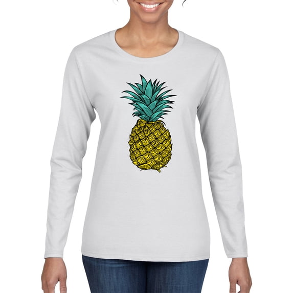 Wild Bobby, Trendy Tropical Pineapple, Fashion, Women Graphic Long Sleeve Tee, White, Small