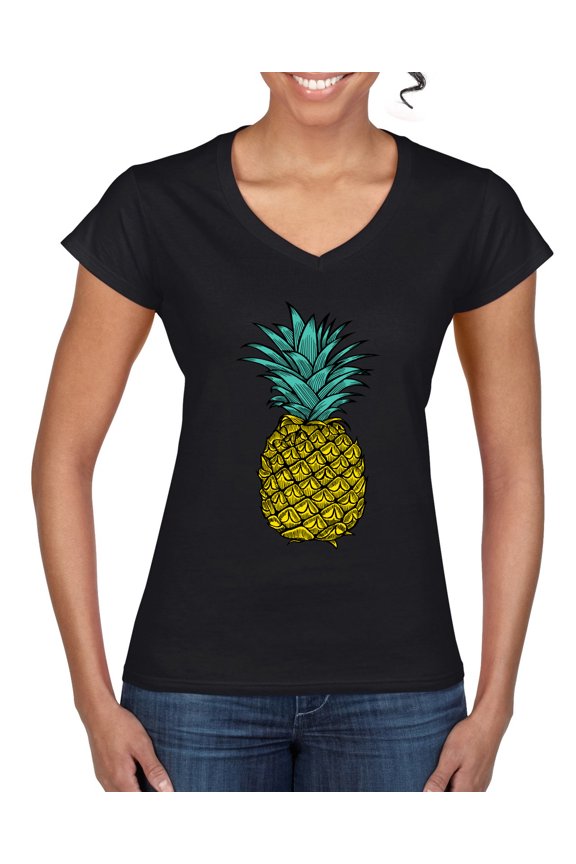 , Trendy Tropical Pineapple, Fashion, Women Standard V-Neck Tee, Black, Small