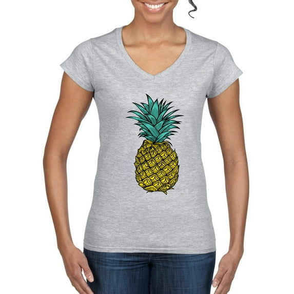 Wild Bobby, Trendy Tropical Pineapple, Fashion, Women Standard V-Neck Tee, Heather Grey, Large